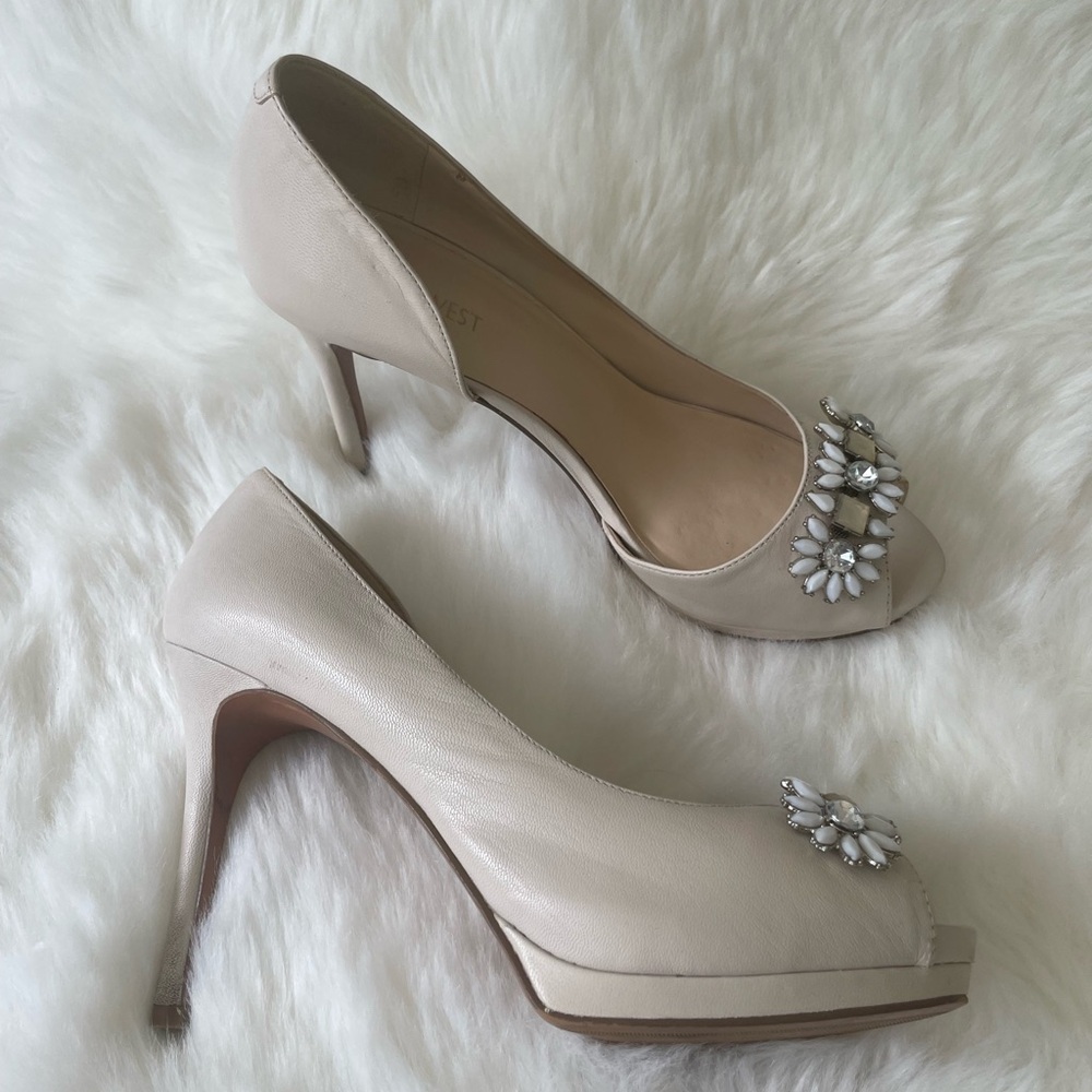 Nine West Cream Peep Toe Heels with Floral Accent